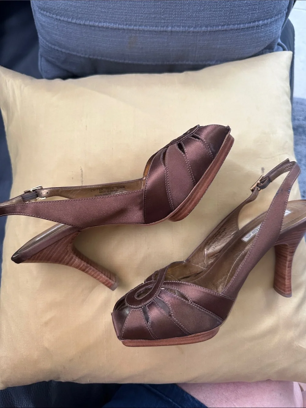 Via Spiga Brown Satin Peep-Toe Slingback Heels